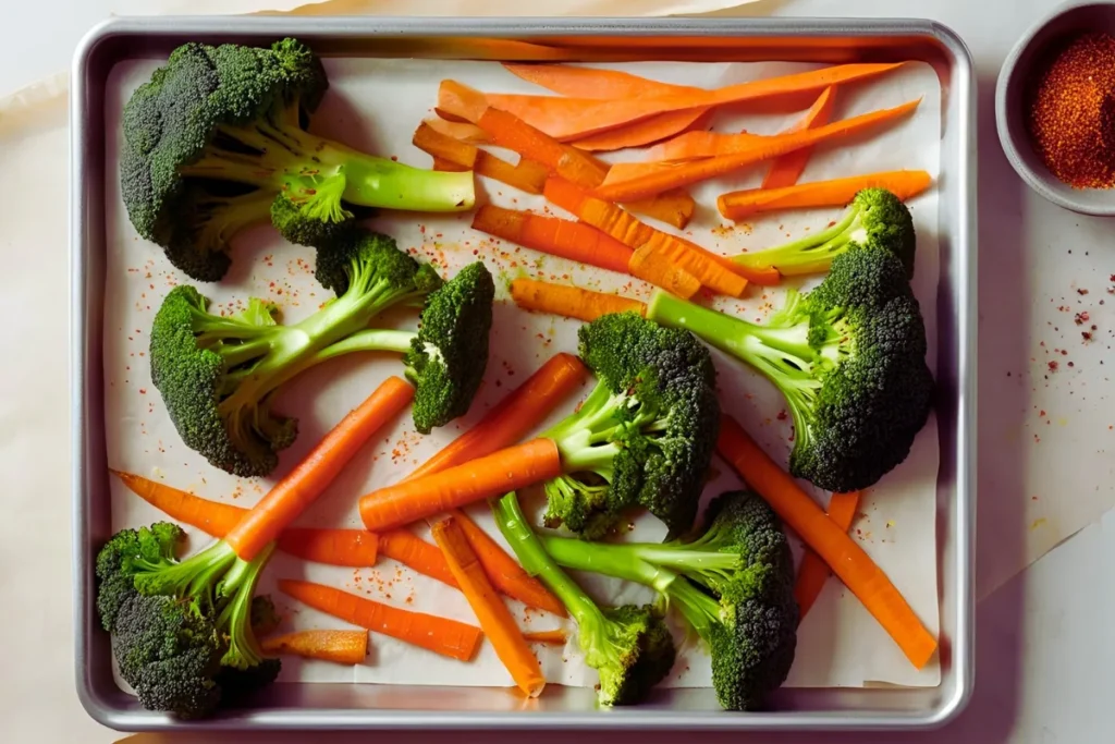 Seasoned Broccoli and Carrots on Baking Sheet