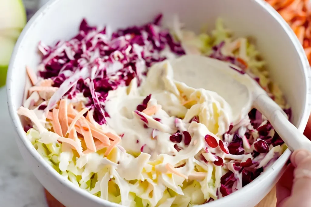 Dressing being mixed with Apple Cranberry Coleslaw