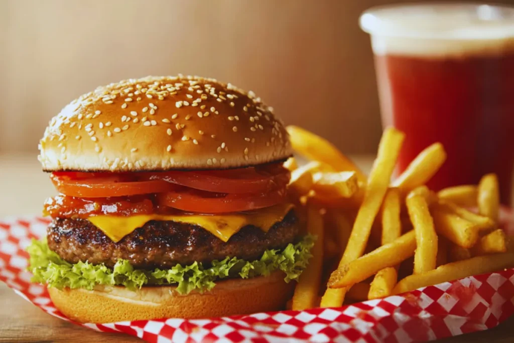 Vintage burger and fries meal