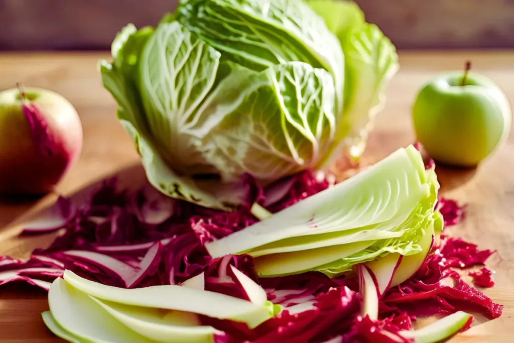 Close-up of shredded cabbage and apples for coleslaw