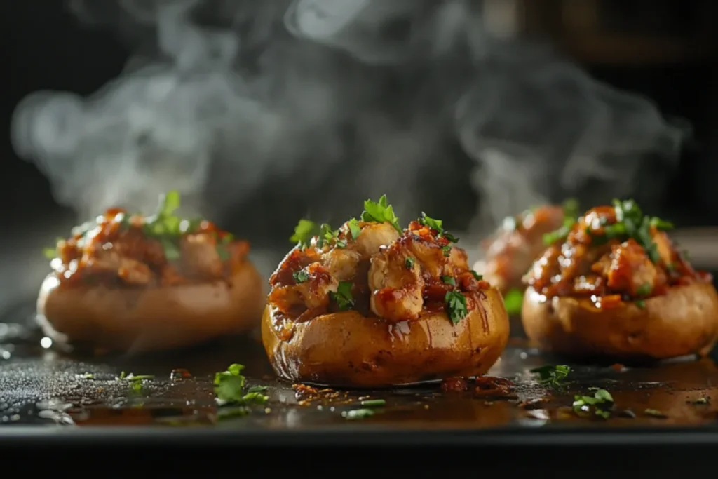 Assembling BBQ chicken stuffed sweet potatoes