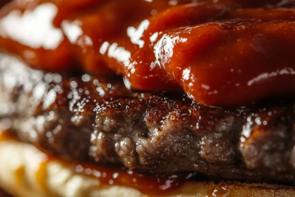 Close-up of a burger with BBQ sauce