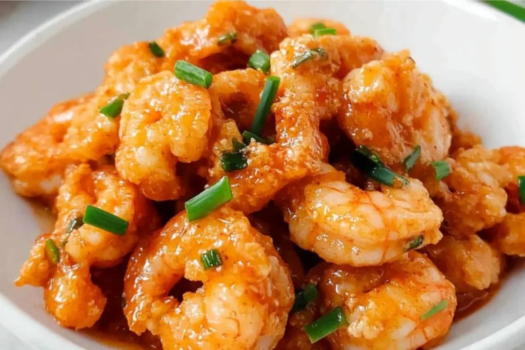 Close-up of bang bang shrimp piled high, garnished with green onions.