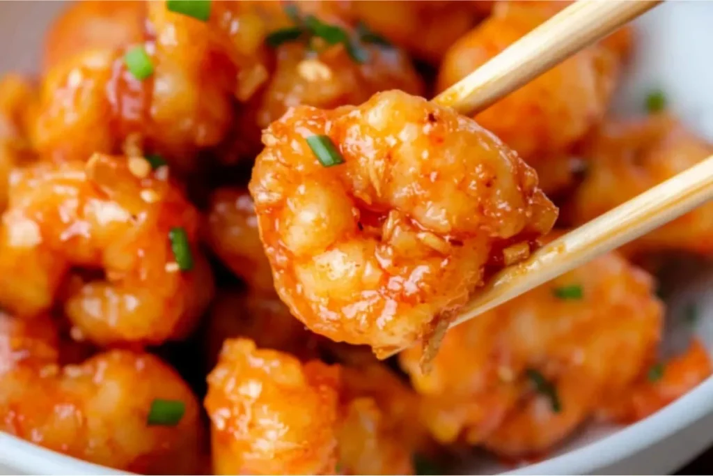 Chopsticks picking up a piece of crispy bang bang shrimp from a bowl.