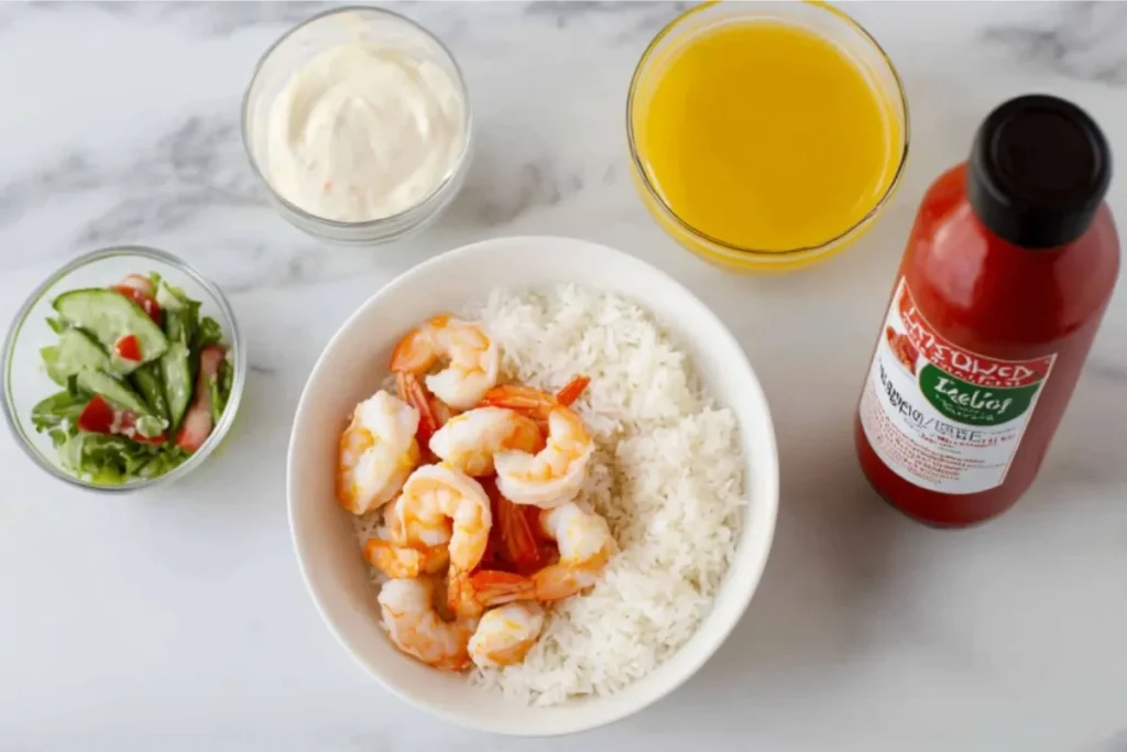 Bang Bang shrimp with rice and salad, a complete and balanced meal.