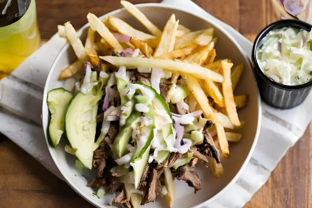 Philly Steak Cheese Fries with pickles and a soda