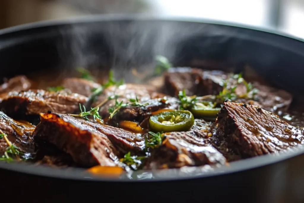 Brisket cooking in a pot with seasoning