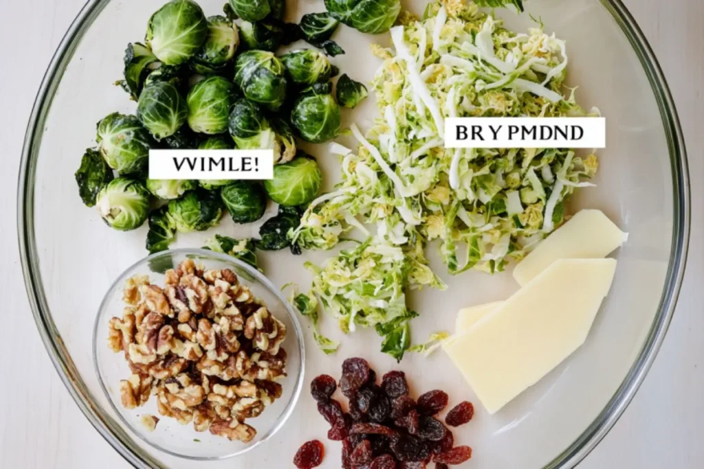 Ingredients for a brussel sprout salad: sprouts, nuts, dried fruit, cheese, dressing laid out. Healthy eating concept!