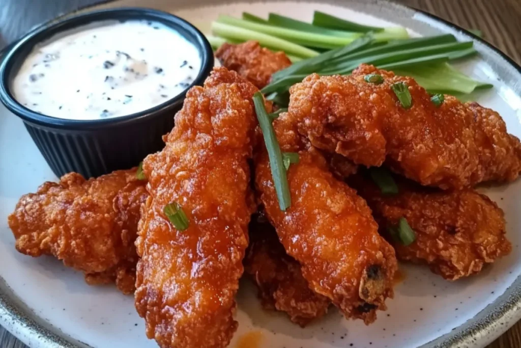 Buffalo chicken tenders served with dipping sauces