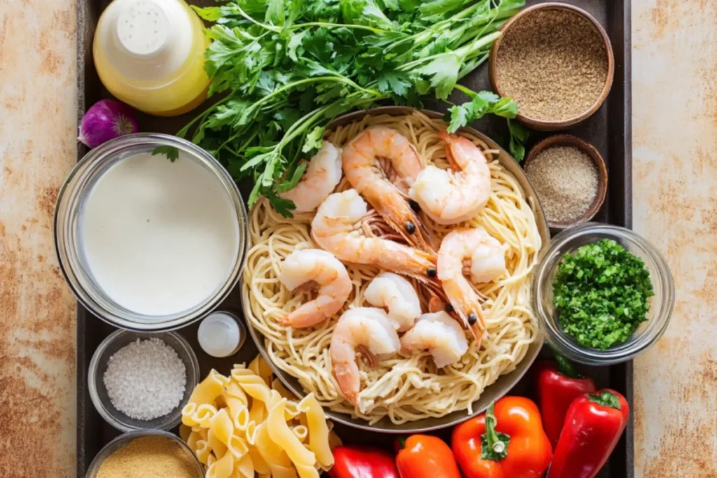 Flat lay of Cajun shrimp pasta ingredients: shrimp, pasta, veggies, spices, cream on wood.