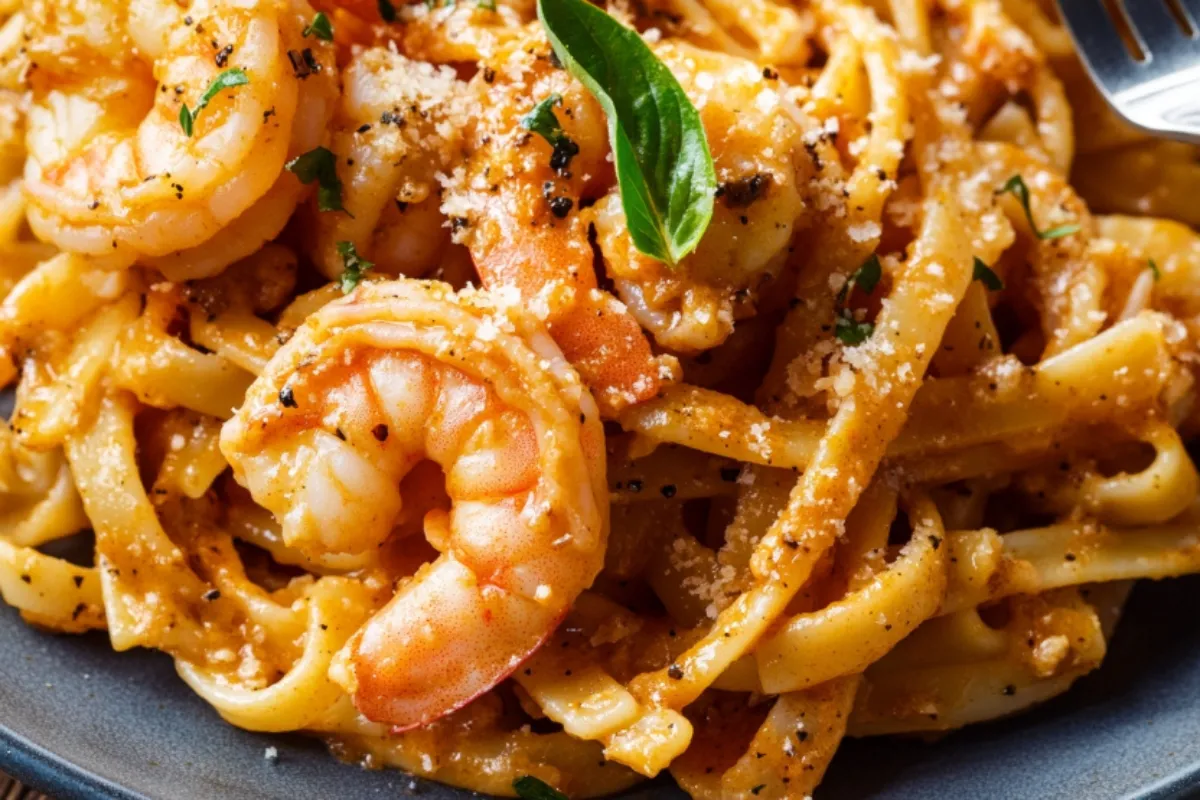 Side view of Cajun shrimp pasta with fork twirling it on a rustic wood table. Delicious home-cooked meal.