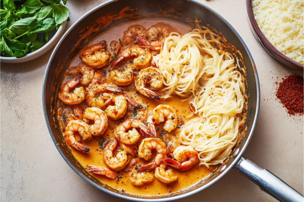 Sautéing shrimp and vegetables in a skillet, making Cajun shrimp pasta. Close-up and delicious!