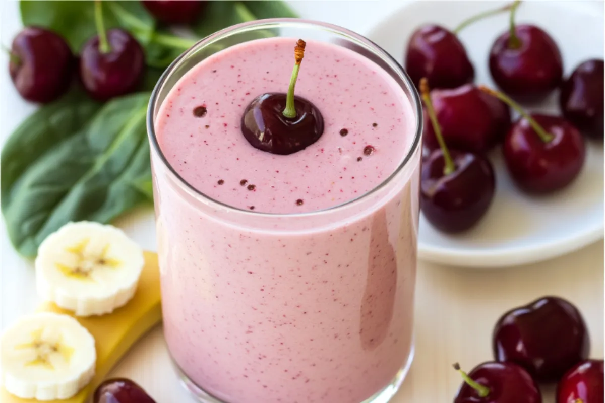 Fresh Cherry Smoothie Recipe with banana and spinach on a wooden table.