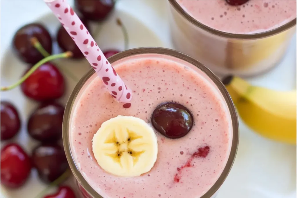 A Cherry Banana Smoothie with a reusable straw and fresh ingredients.