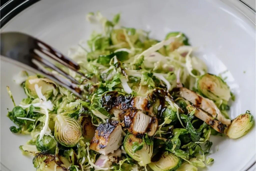 Plated shaved brussel sprout salad with grilled chicken & balsamic drizzle. A healthy & satisfying meal.