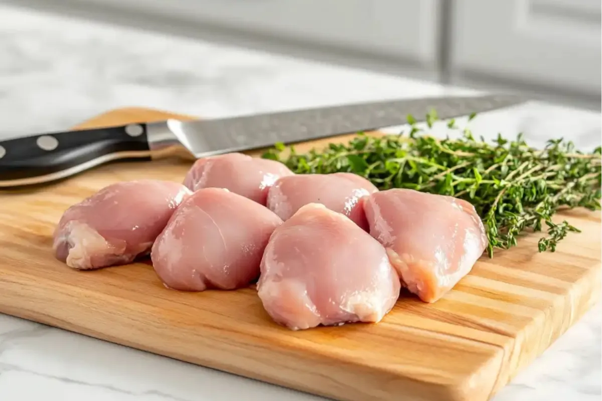 Homemade chicken nuggets recipe on wooden board with dipping sauce. Simple, delicious, and family-friendly!