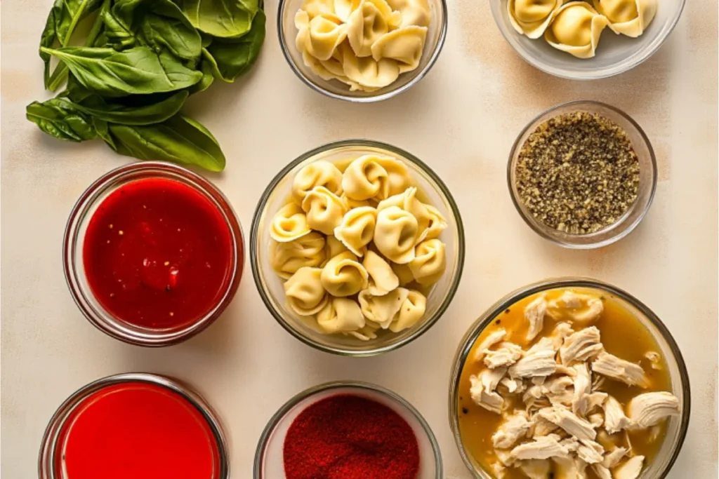 Chicken tortellini soup ingredients: chicken, tortellini, carrots, celery, onion, and seasonings arranged on a wooden surface.