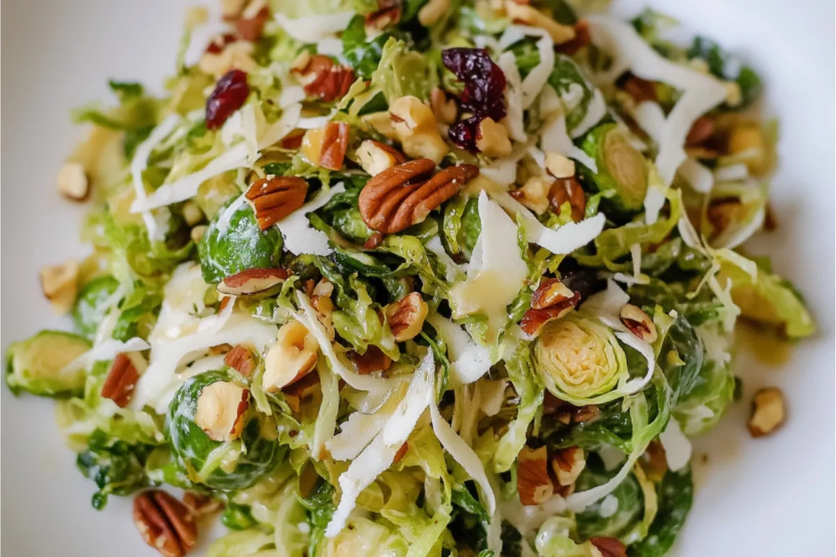 Close-up of a vibrant & tasty brussel sprout salad. Includes shaved sprouts, pecans & cranberries. A fresh, healthy dish!