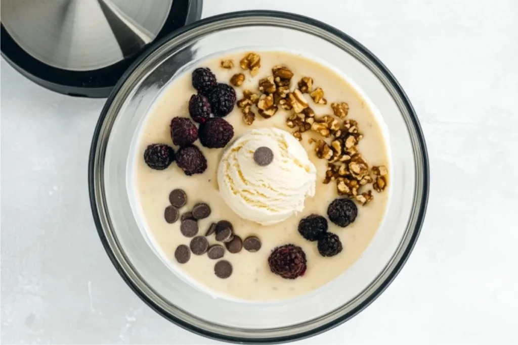 Three bowls of cottage cheese ice cream with different toppings.