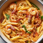 Overhead shot of creamy, delicious cajun shrimp pasta in a bowl with visible shrimp and veggies.