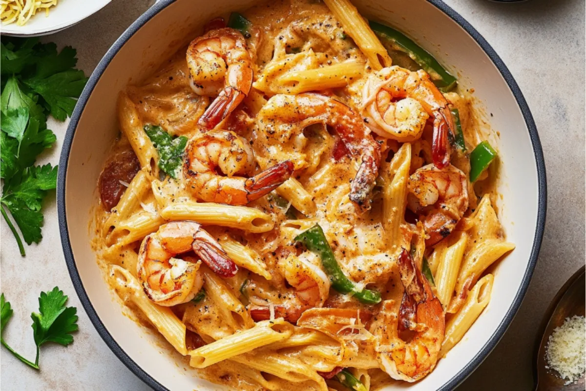 Overhead shot of creamy, delicious cajun shrimp pasta in a bowl with visible shrimp and veggies.