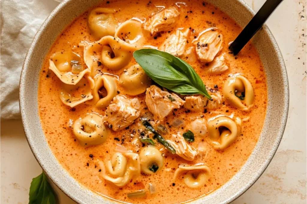 Creamy chicken tortellini soup in a bowl. Cheesy tortellini, shredded chicken, and colorful veggies visible in the broth.