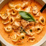 Creamy chicken tortellini soup in a bowl. Cheesy tortellini, shredded chicken, and colorful veggies visible in the broth.