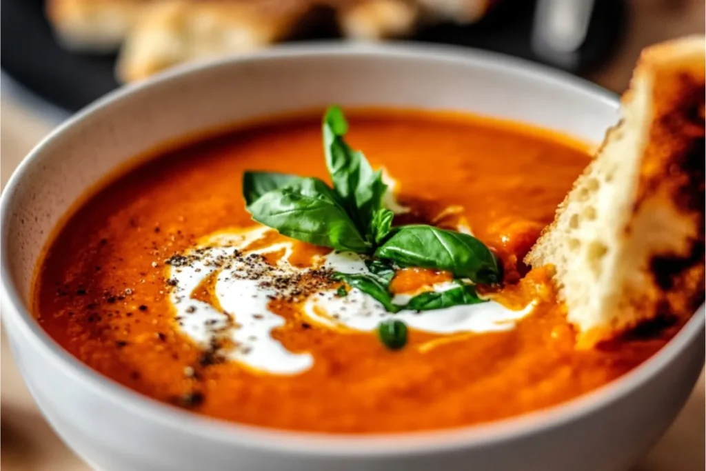 Creamy tomato bisque recipe in white bowl w/ basil and cream swirl. A comforting, delicious homemade soup.