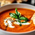 Creamy tomato bisque recipe in white bowl w/ basil and cream swirl. A comforting, delicious homemade soup.