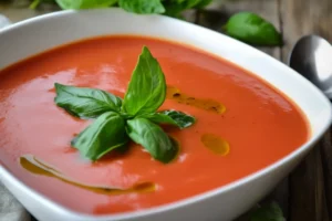 Crockpot creamy tomato soup with fresh basil.