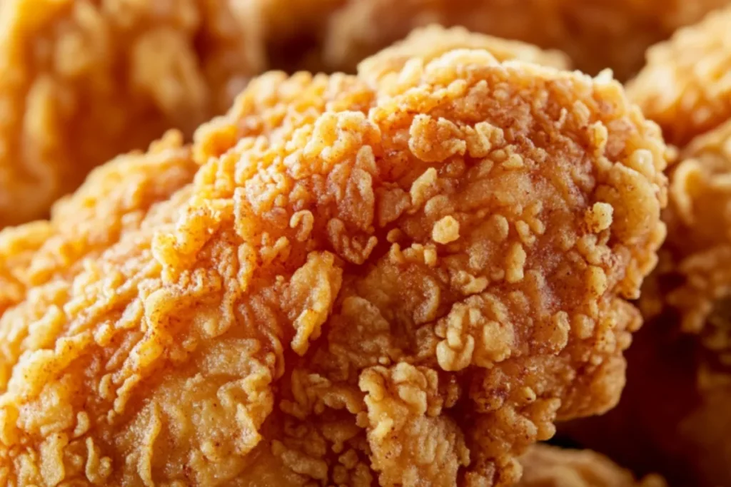 Close-up of golden crispy fried chicken crust