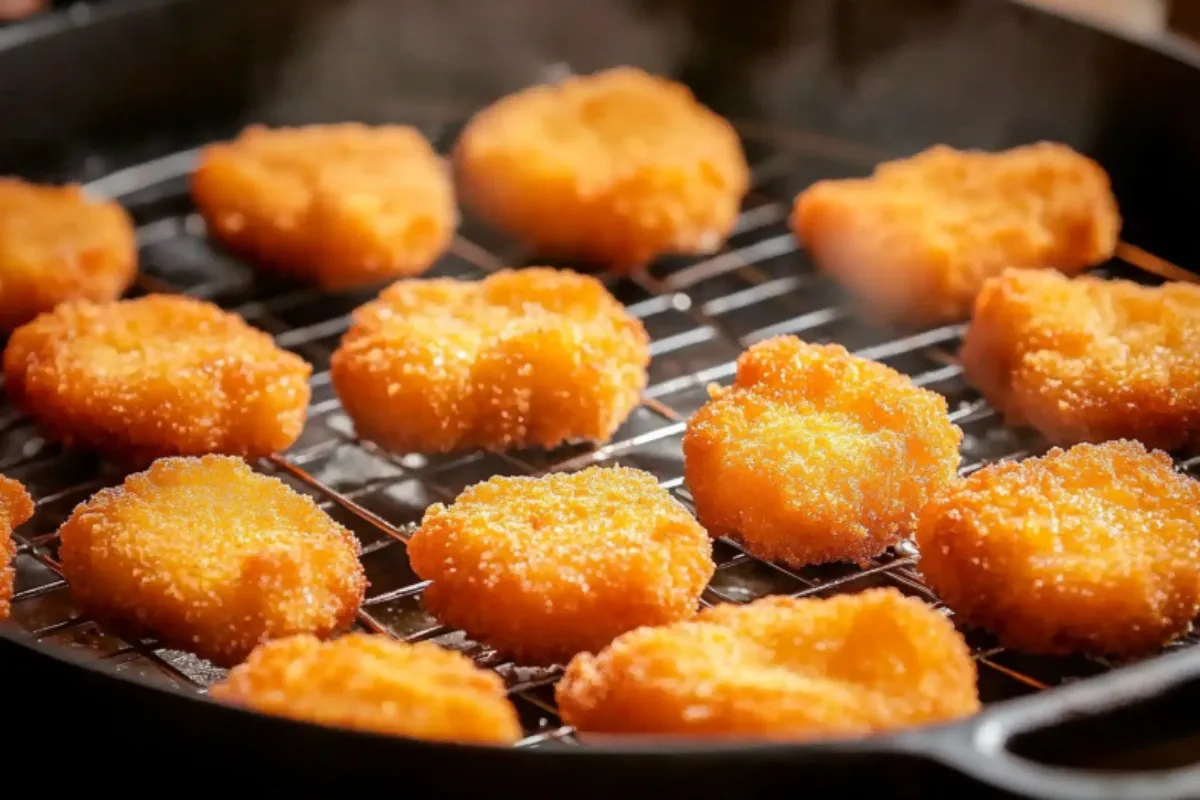 Crispy homemade chicken nuggets recipe cooling on wire rack. Golden-brown & delicious; easy to make!