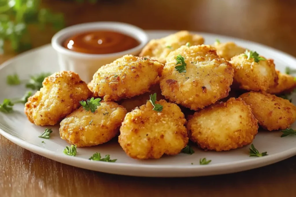 Crispy chicken nuggets recipe, golden-brown & garnished with parsley on a white plate. Easy homemade dish!