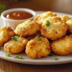 Crispy chicken nuggets recipe, golden-brown & garnished with parsley on a white plate. Easy homemade dish!