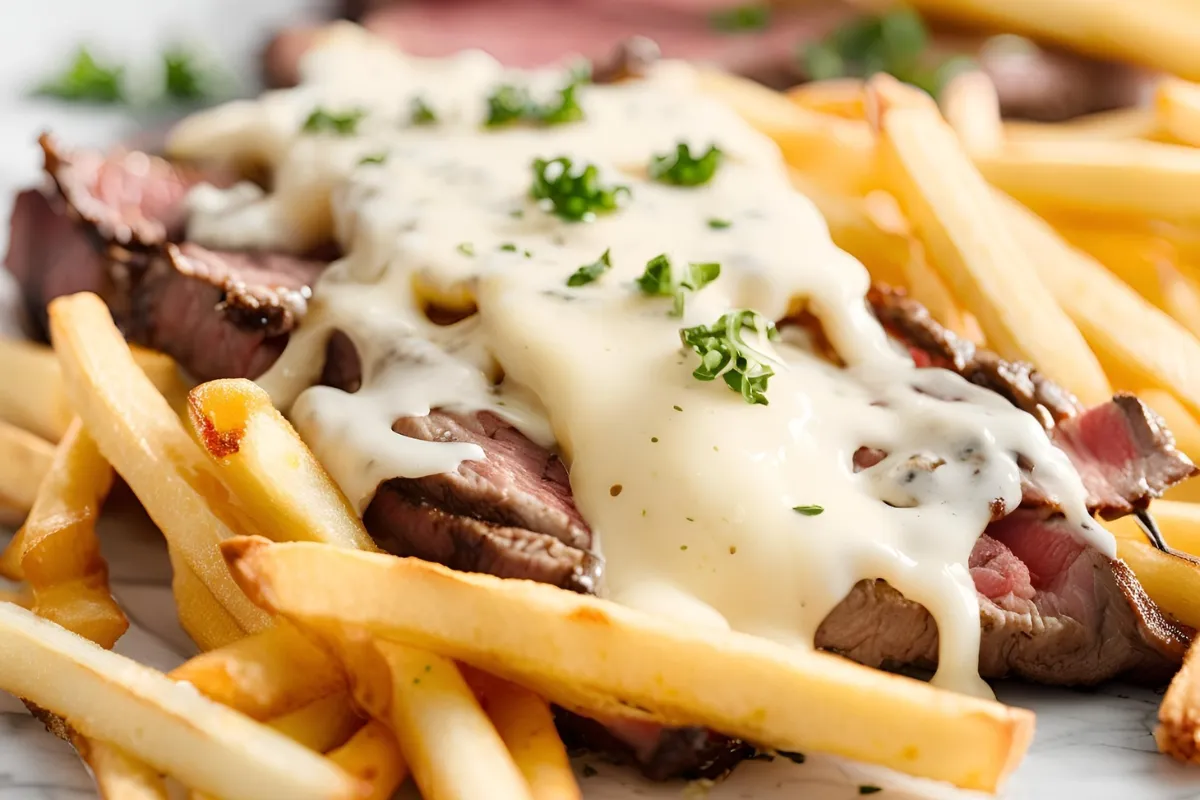 Philly Steak Cheese Fries with melted cheese