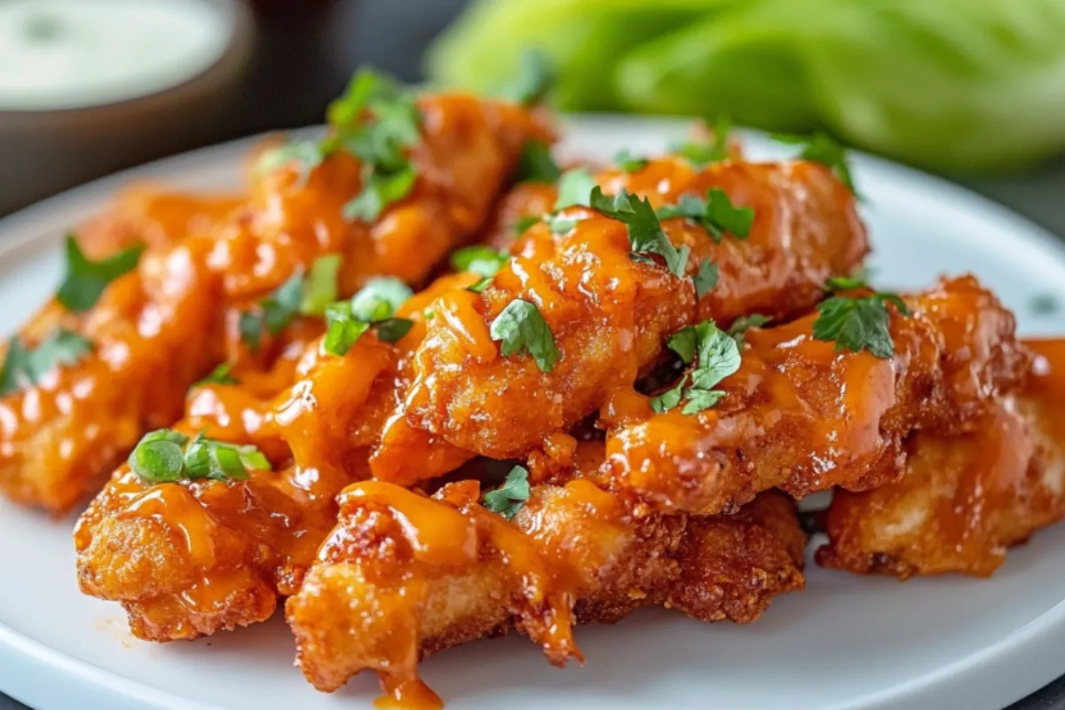 Buffalo chicken tenders recipe on plate