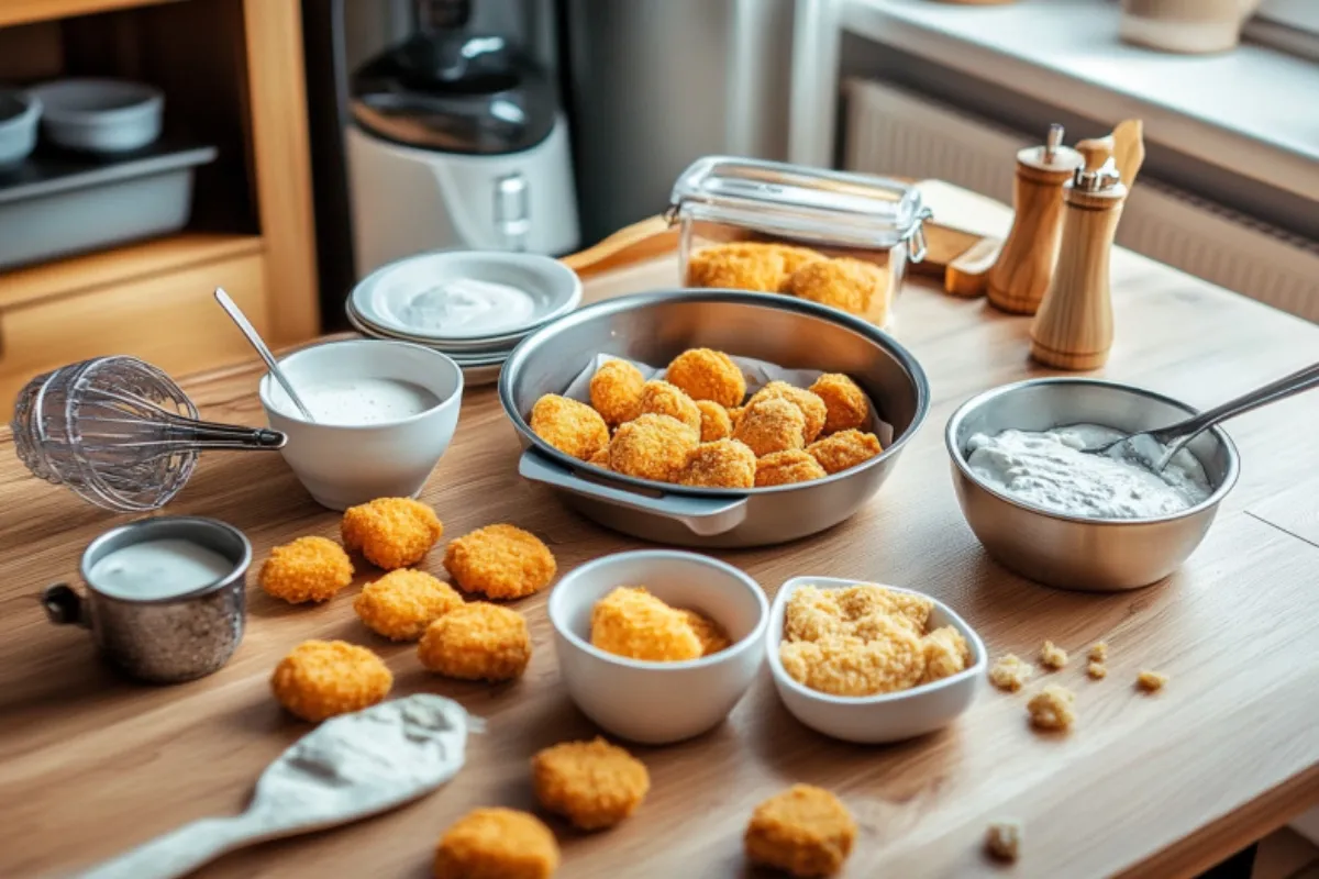 Family enjoys easy chicken nuggets recipe around the table! Happy faces; delicious homemade meal.