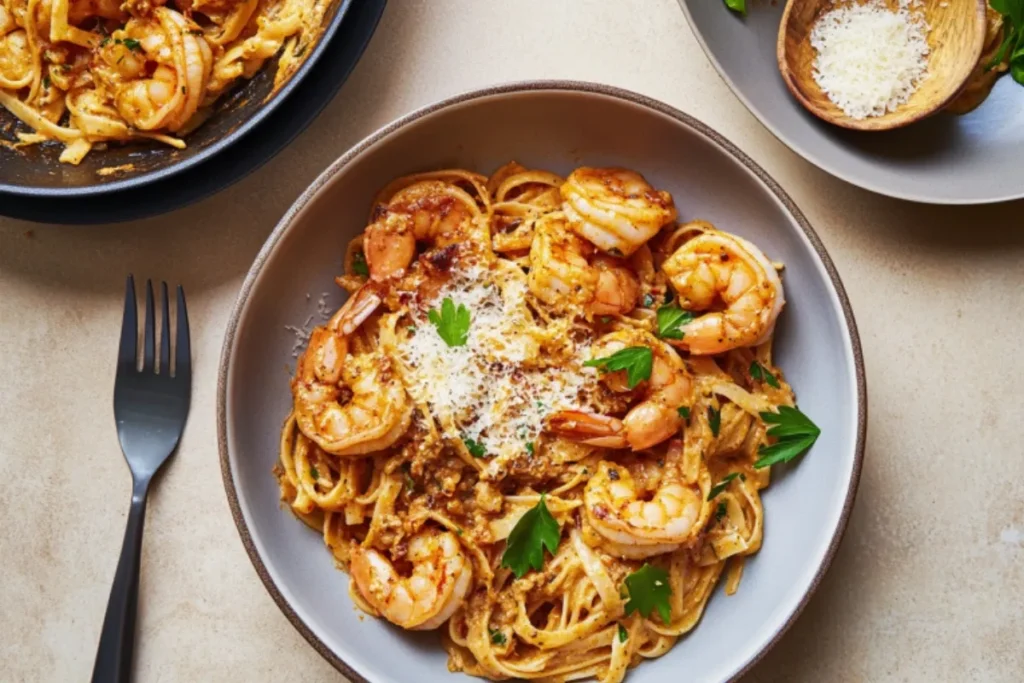 Overhead view of finished creamy Cajun shrimp pasta garnished with parsley and parmesan cheese.