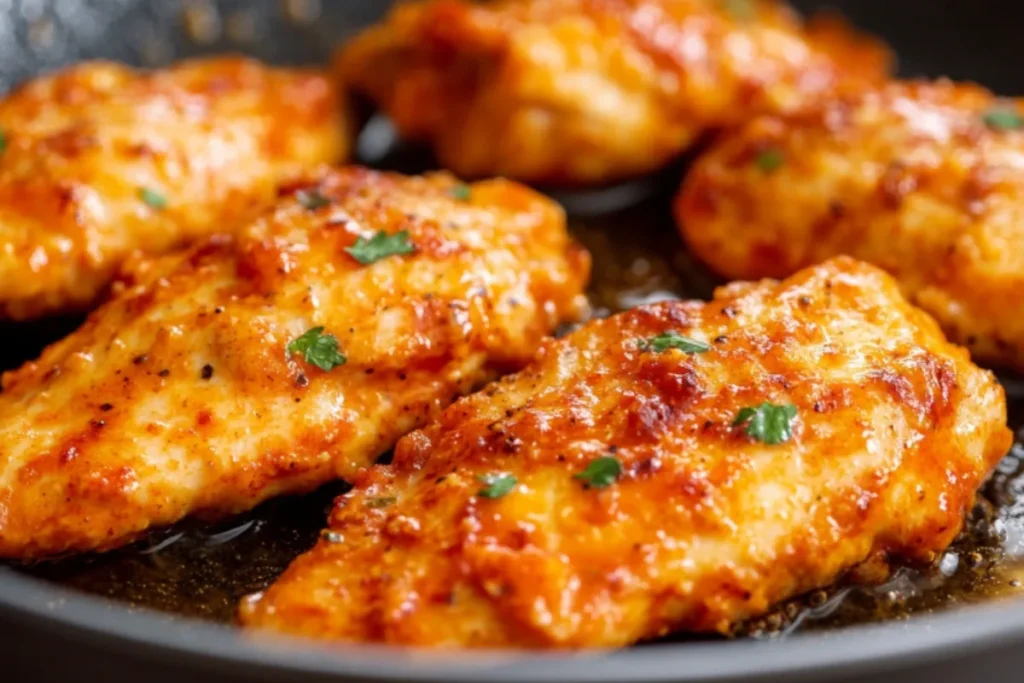 Buffalo chicken tenders frying in oil