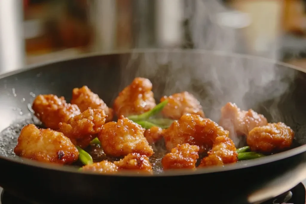 Frying chicken in a pan with bubbling oil