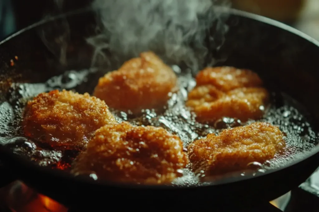 Frying crispy chicken cutlets in hot oil