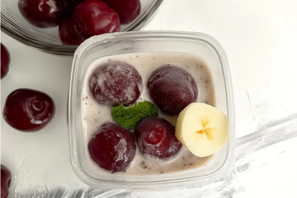 Two glasses of Cherry Smoothie garnished with a cherry and mint.