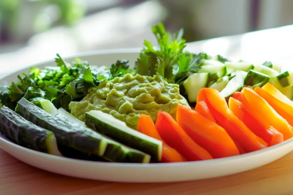 Healthy guacamole served with fresh veggies