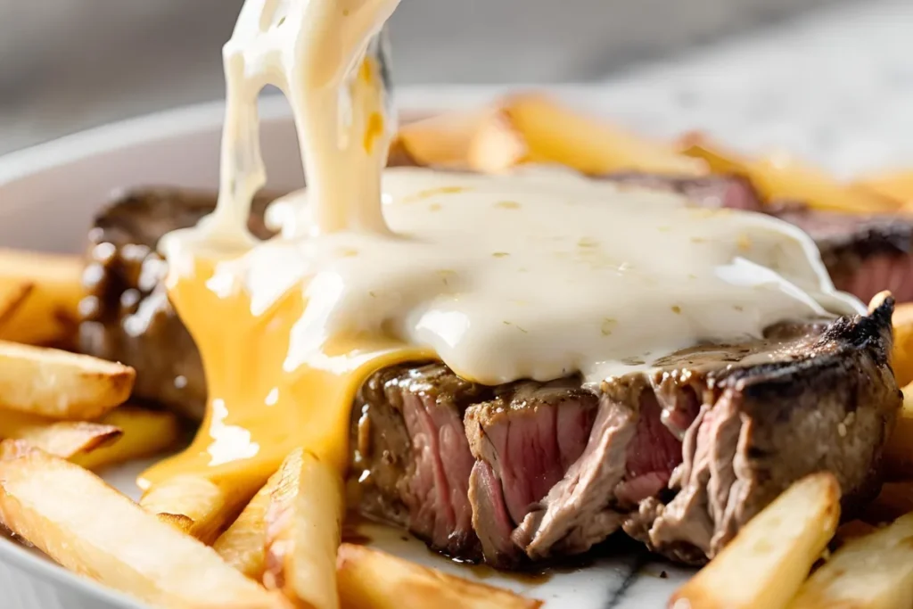 Melting cheese over Philly Steak Cheese Fries