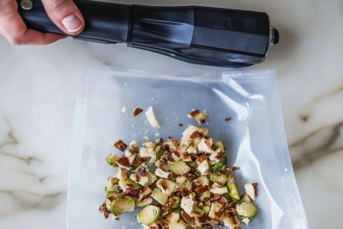 Hands mixing a tasty brussel sprout salad with a light vinaigrette. Fresh, crunchy & so delicious!