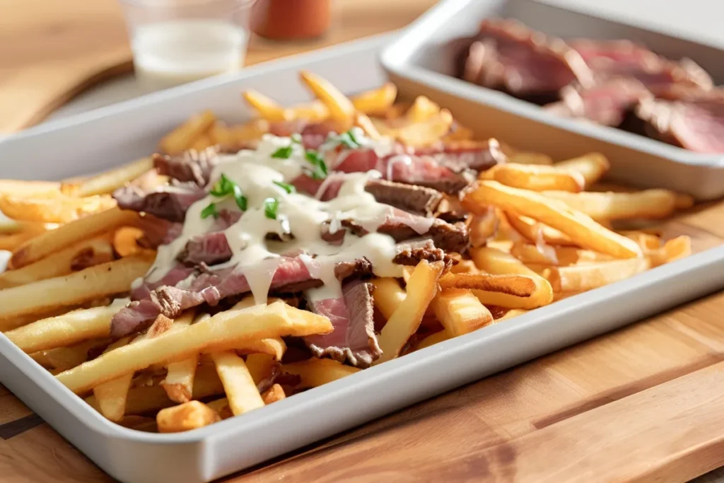 Close-up of crispy fries topped with steak and cheese