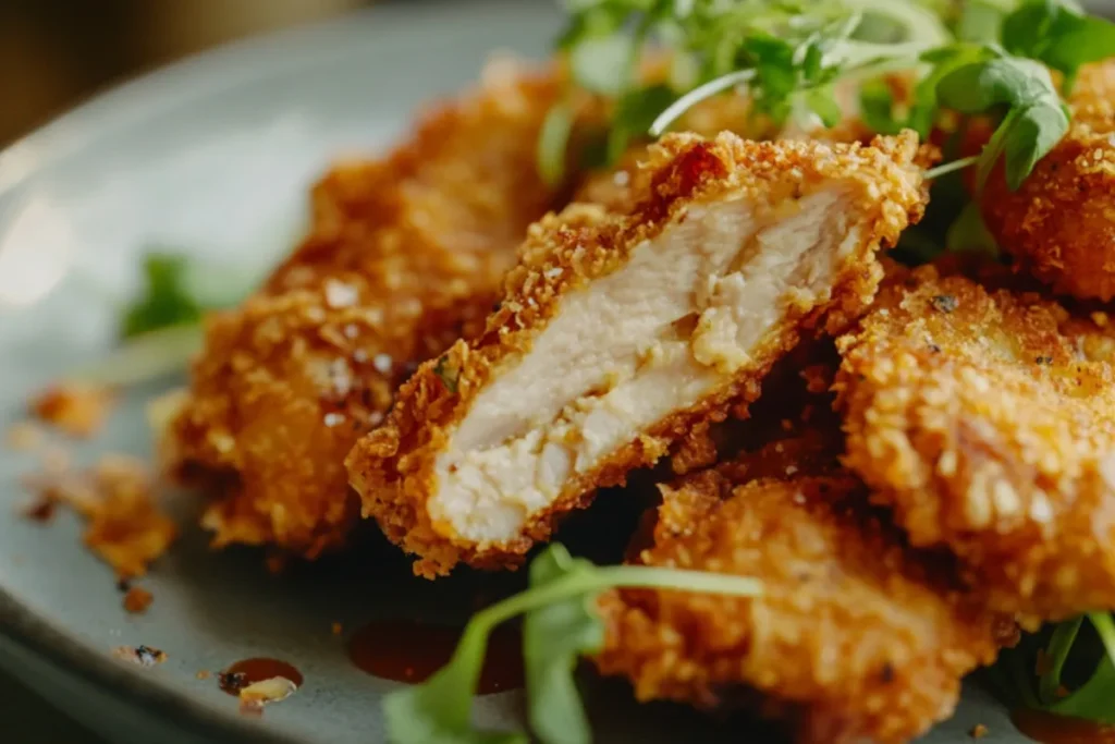 Golden crispy chicken cutlets on a plate