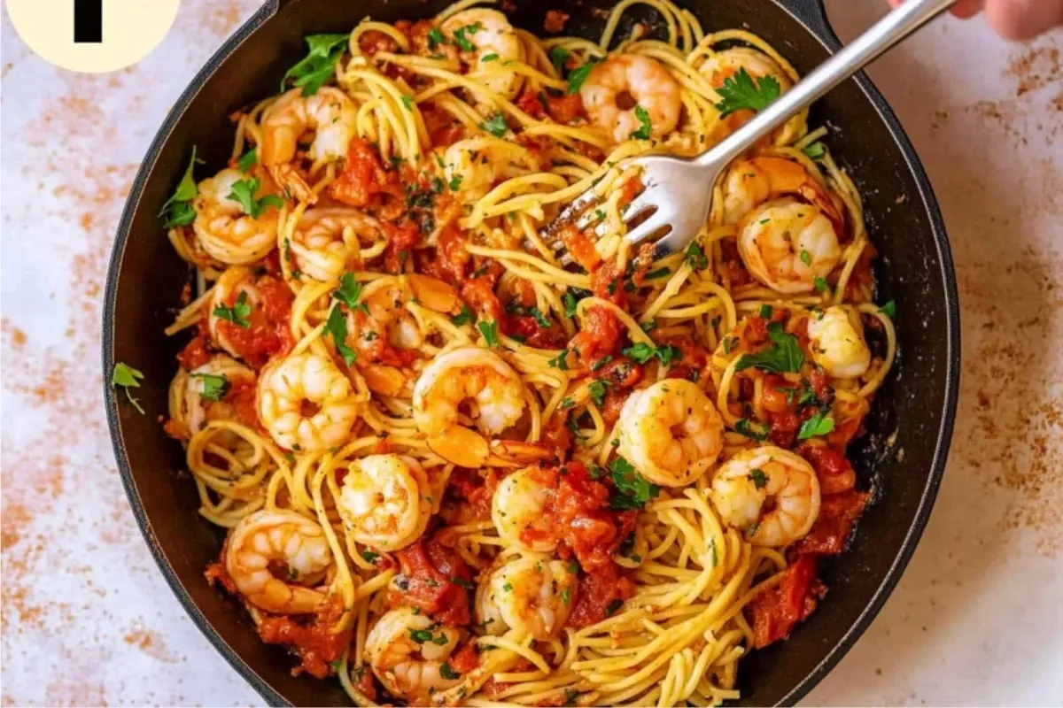 Plating delicious shrimp fra diavolo over pasta; hands visible. Easy weeknight dinner recipe.