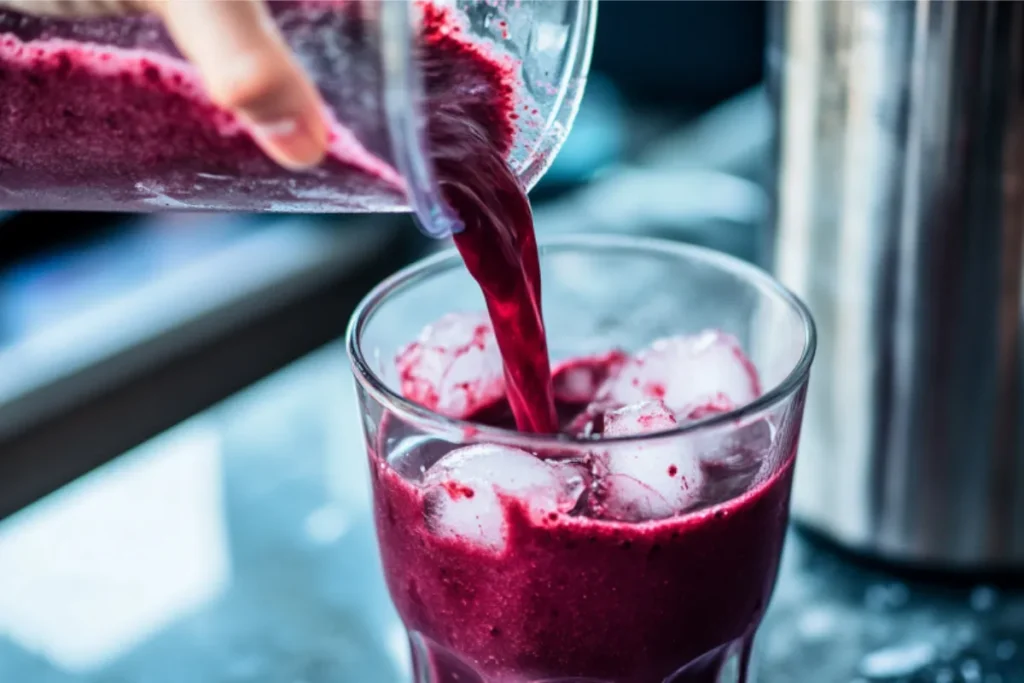 Pouring a blended Cherry Smoothie into a glass with ice.