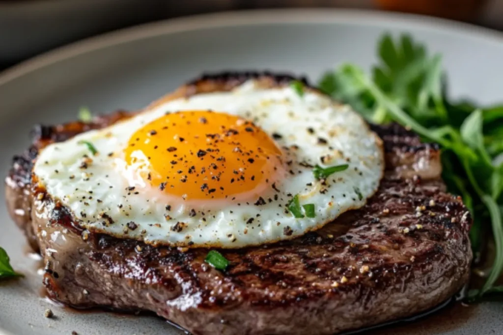 Ribeye steak cooked to perfection with eggs.